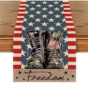 Stripes Stars Boots Freedom 4th of July 13" x 72", Table Runner Memorial Day